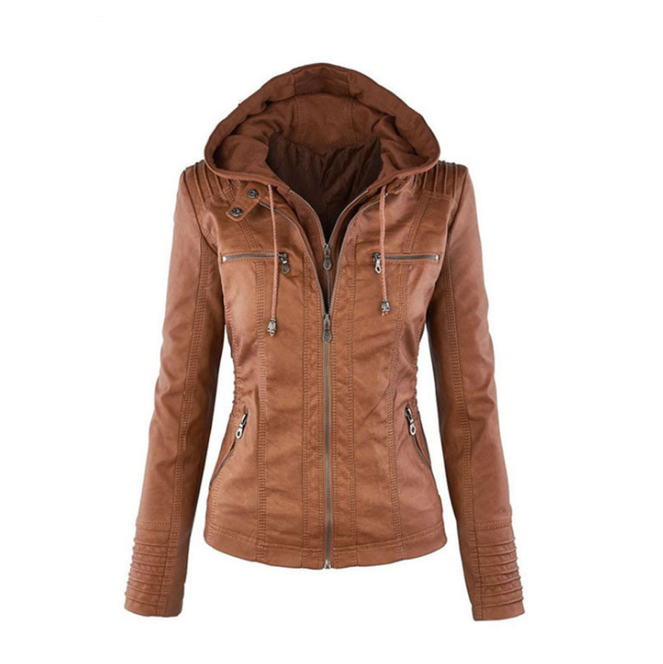 Womens Casual Motorcycle Fleece Hoodie Faux Leather Jacket