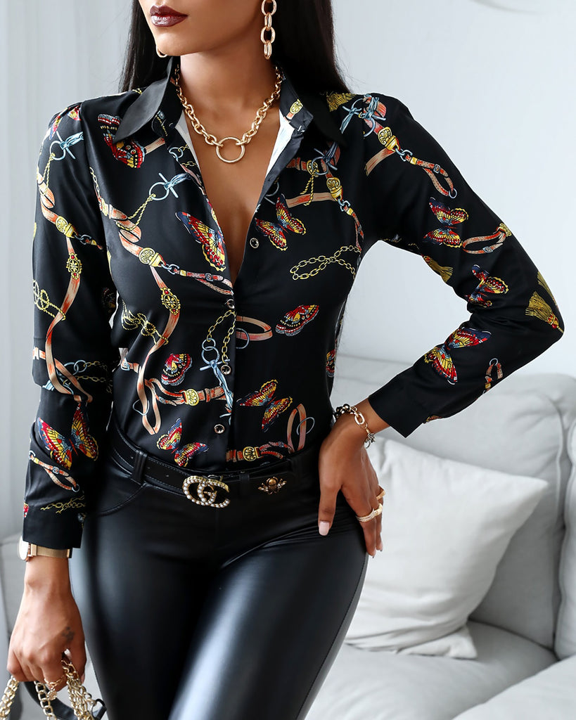 Butterfly Print V-Neck Long Sleeve T-Shirt