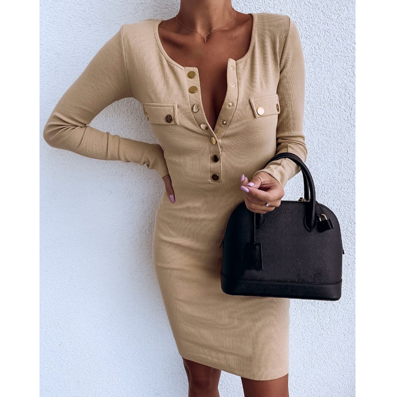 Solid Color Sexy Round Neck Slim Long Sleeve Dress