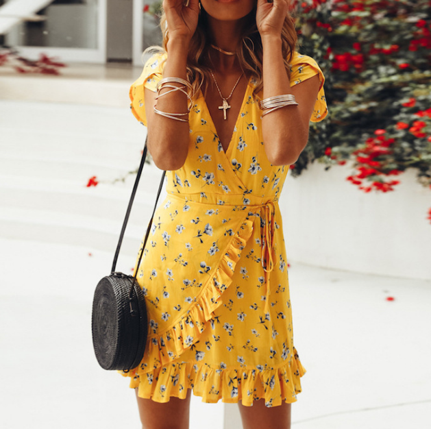 Fashion Women's V-neck Chiffon Short Sleeve Print Dress