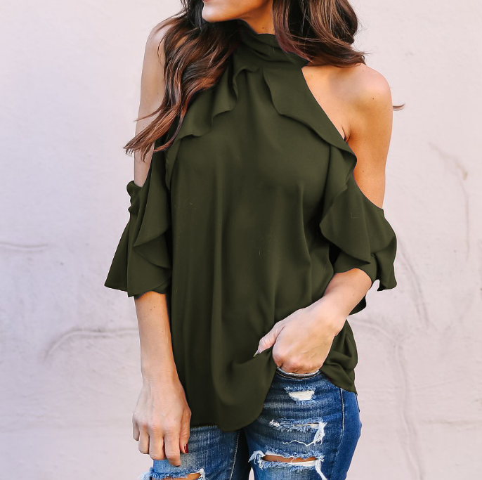 Women'S Ruffled Off-The-Shoulder Hanging Neck T-Shirt