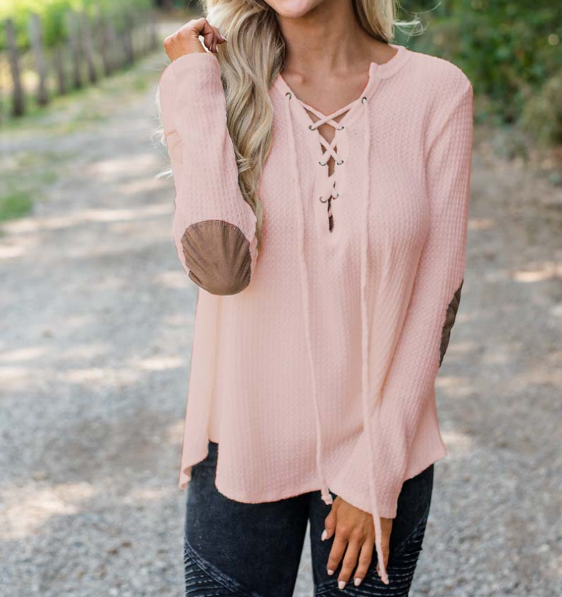 Women Long Sleeve Solid Color V-neck T-Shirt