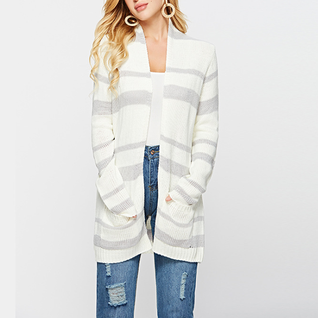 Women'S Striped Knit Cardigan Coat Sweater