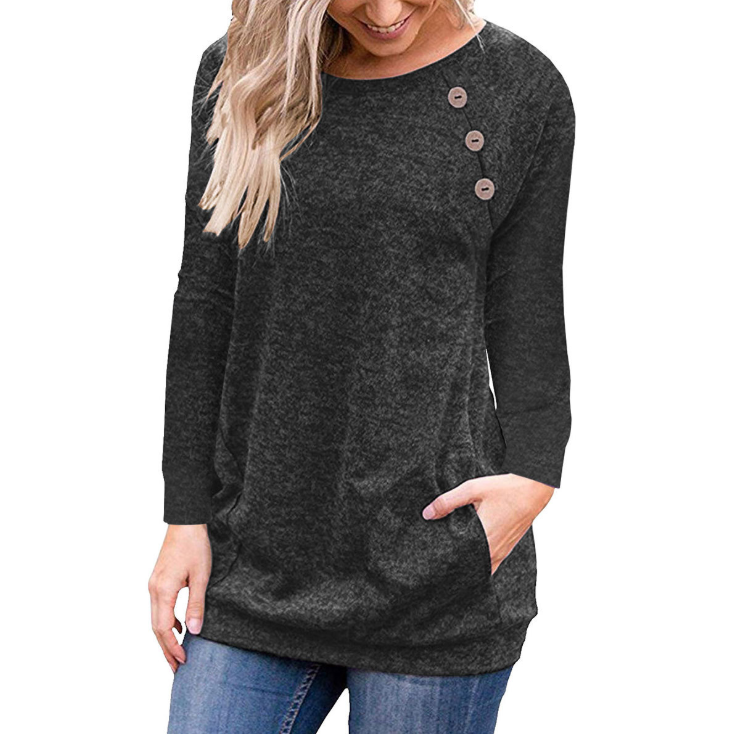 Round Neck Button Long Sleeve Pocket T-Shirt