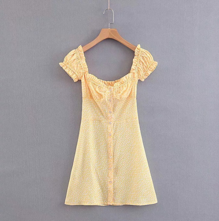 Fashion Women'S Printed Short-Sleeved Yellow Dress