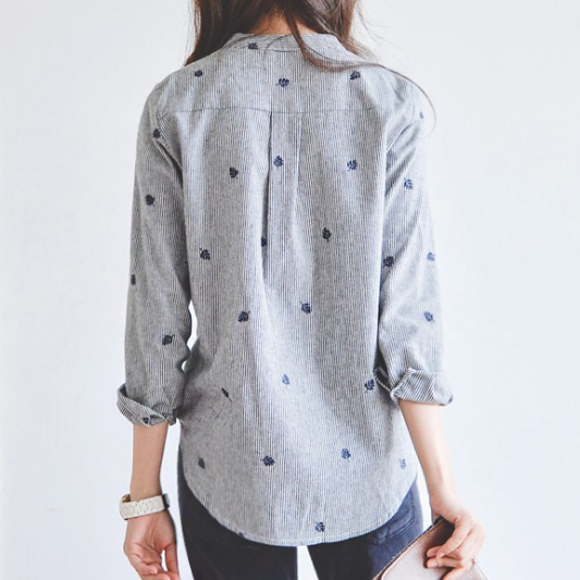 Solid Color Striped Embroidery Long Sleeve Shirt