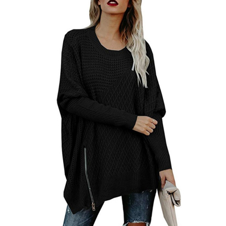 Fashion Sweater Zipper Off Shoulder Knit Sweater