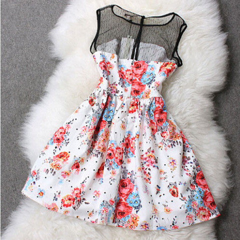 SLEEVELESS MESH TOP FLARED SKATER DRESS