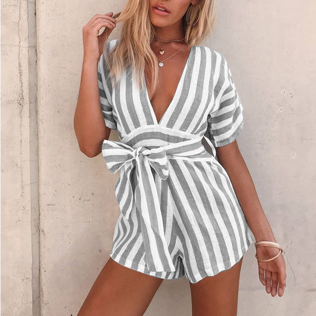 V-Neck Short Sleeve Romper Jumpsuit