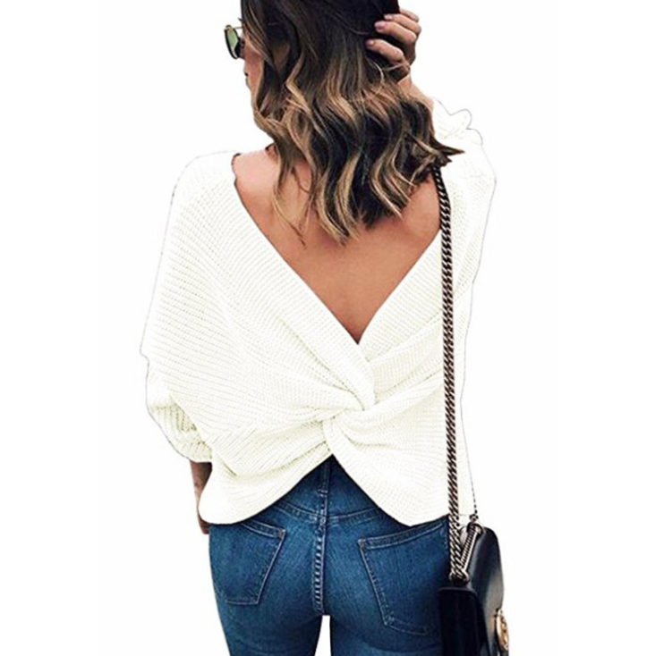 Loose V-Neck Backless Knitting Long Sleeve Sweater