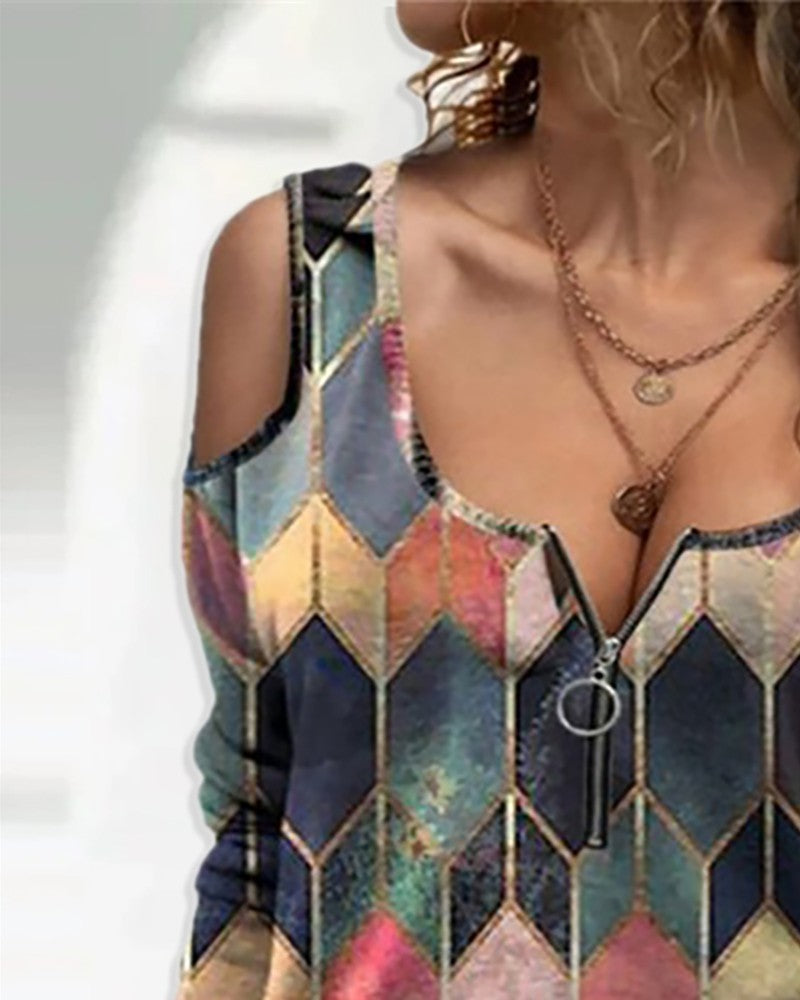 Printed Long Sleeve Casual Sexy V-Neck Blouse