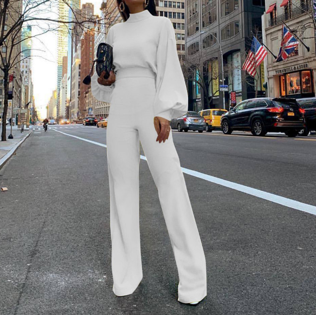 Solid Color High Neck Open Back Long Sleeve Casual Jumpsuit