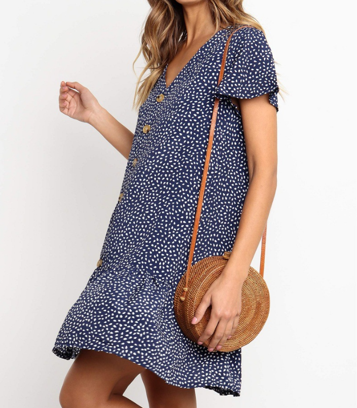 Casual V Neck Button Floral Mini Dress