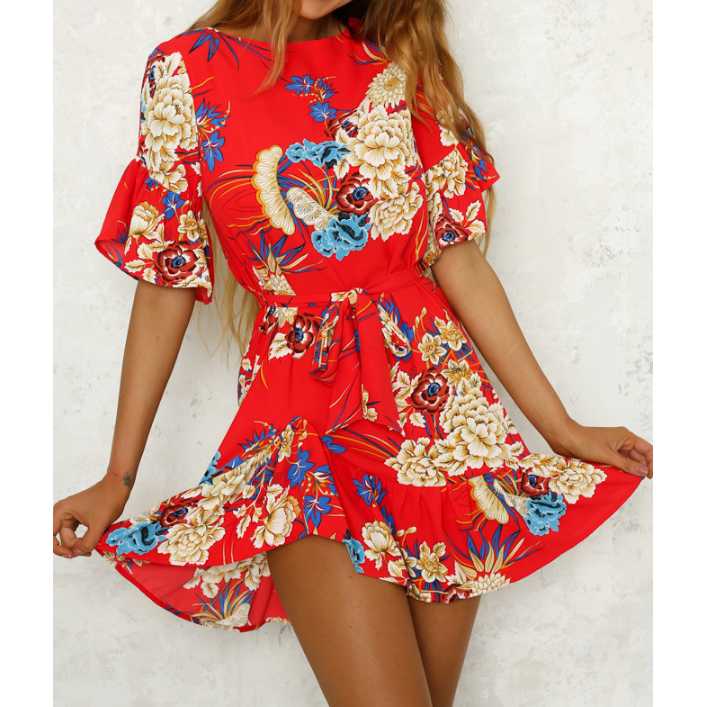 Print Round Neck Lotus Leaf Mini Dress