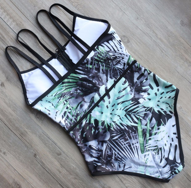 Front Zipper One Piece Swimwear Swimsuit Women Vintage Bodysuit