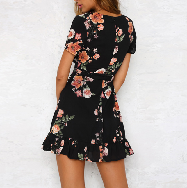 Deep V-Neck Floral Print Dress