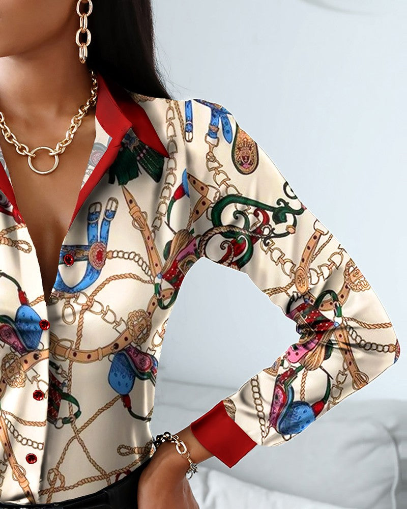Long-Sleeved Women Printed Buttoned Cardigan Shirt