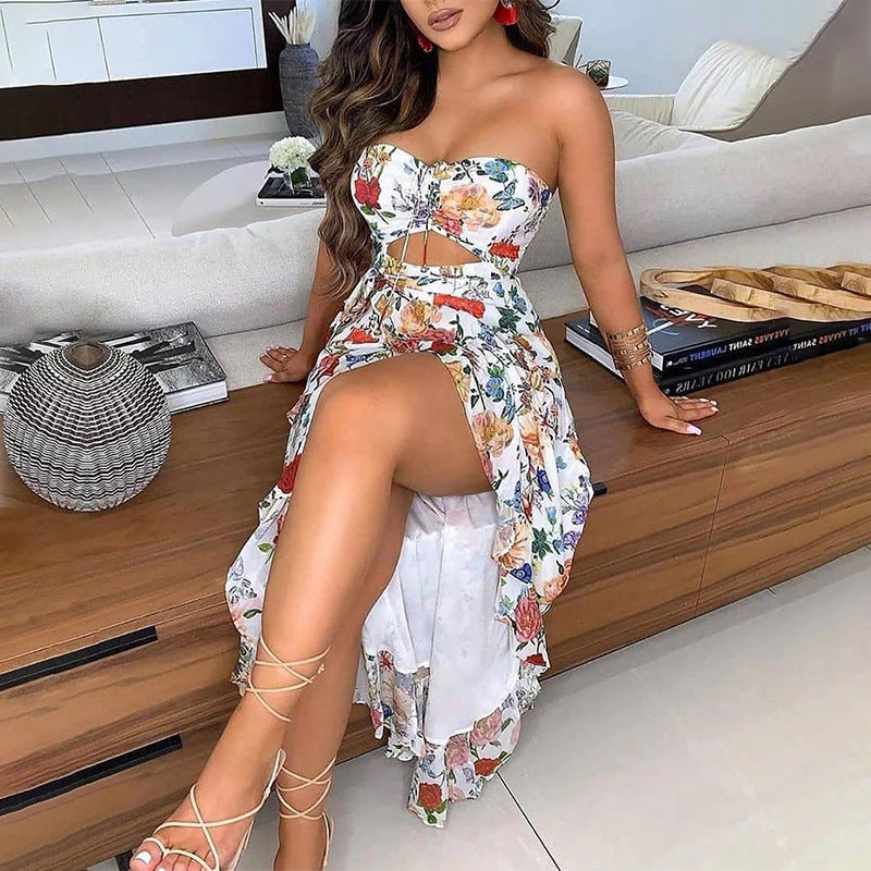 Women'S Printed Wrapped Chest Split Sexy Irregular Dress