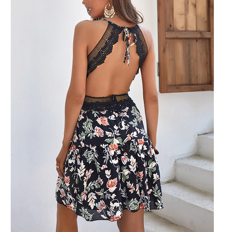 Casual Sling Printing Backless Sleeveless Dress