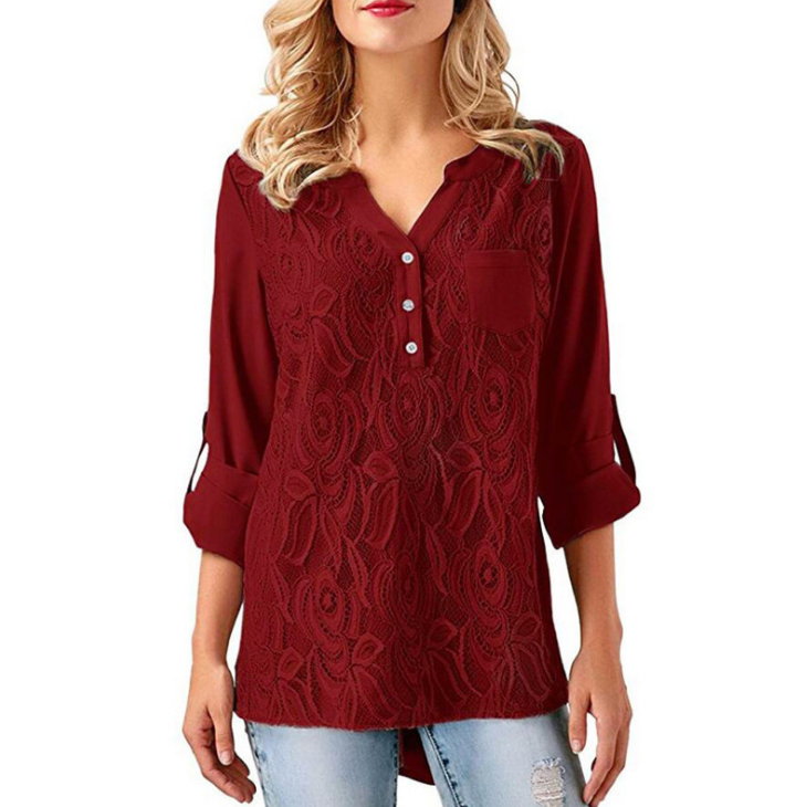 Women'S V-Neck Long Sleeve Chiffon Shirt