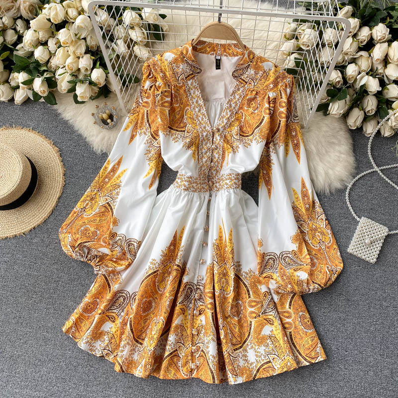 Retro Print Design Sense V-Neck Bubble Long-Sleeved Buttoned Dress