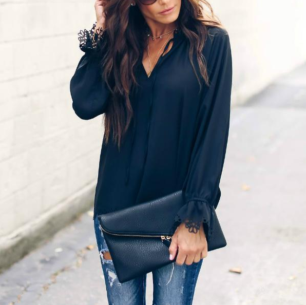 Solid Color V-Neck Long-Sleeved Chiffon Top