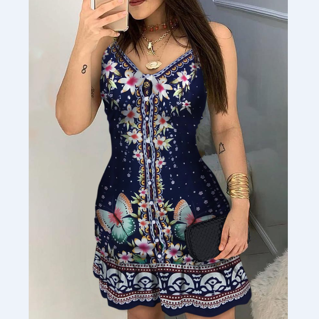 V-Neck Butterfly Print Dress