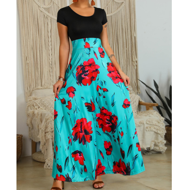 Round Neck Short Sleeve Print Splicing High Waist Dress