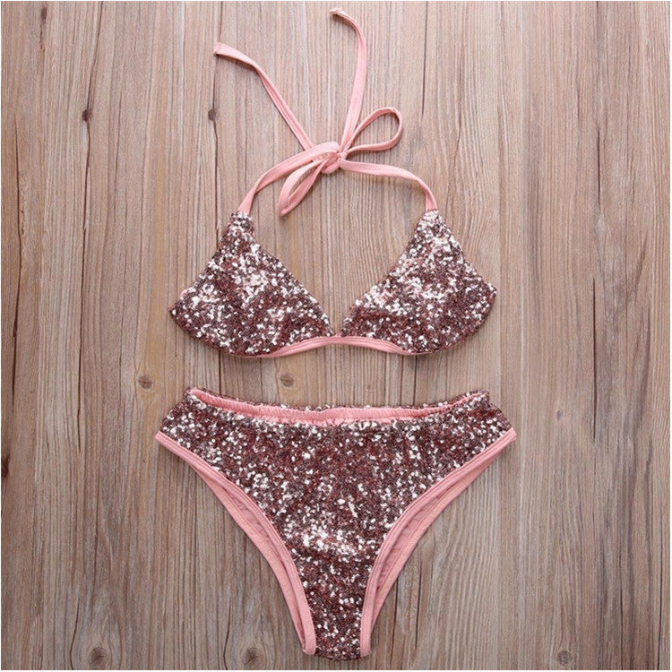 Solid Color Sexy Sequins Bikini Swimwear Suit
