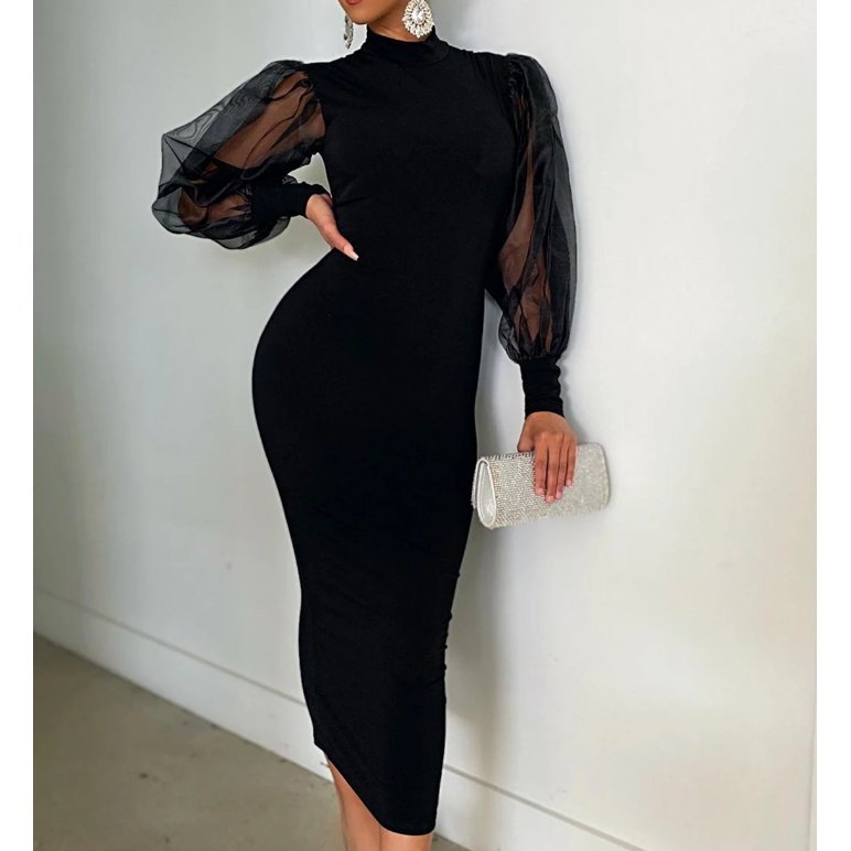 Women'S Mesh Splicing Solid Color Long Sleeve Dress