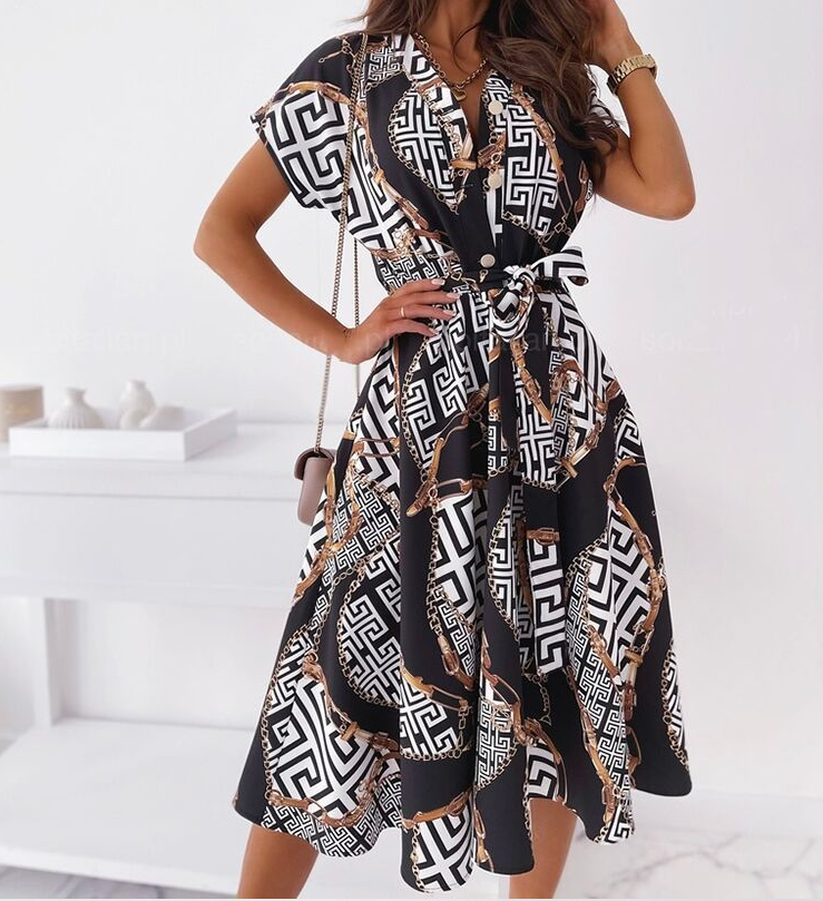 Sweet V-Neck Short Sleeve Printed Dress
