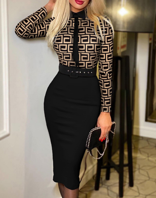 Long Sleeve Women's Printed Contrast Dress