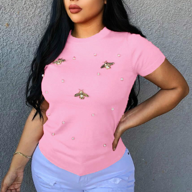 Short Sleeve Stretch Beaded Butterfly Round Neck Plus Size T-Shirt