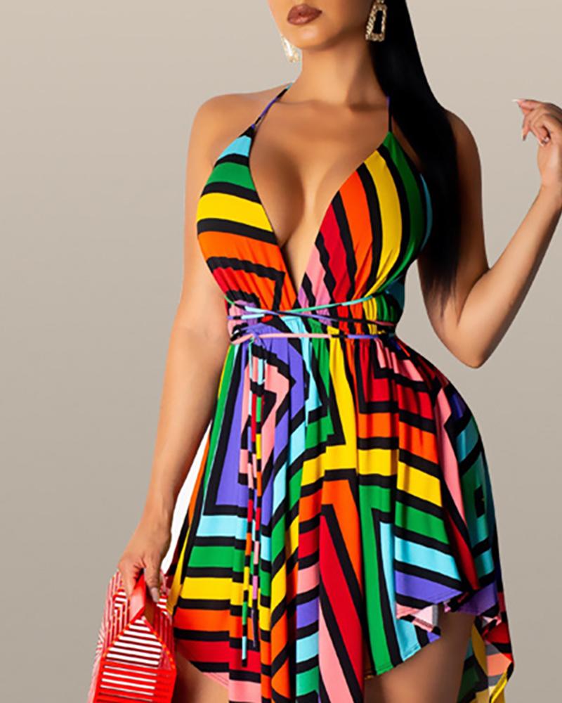Women Sling V-Neck Printed Irregular Dress