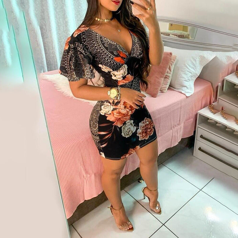 Fashion Deep V-Neck Print Bag Hip Dress