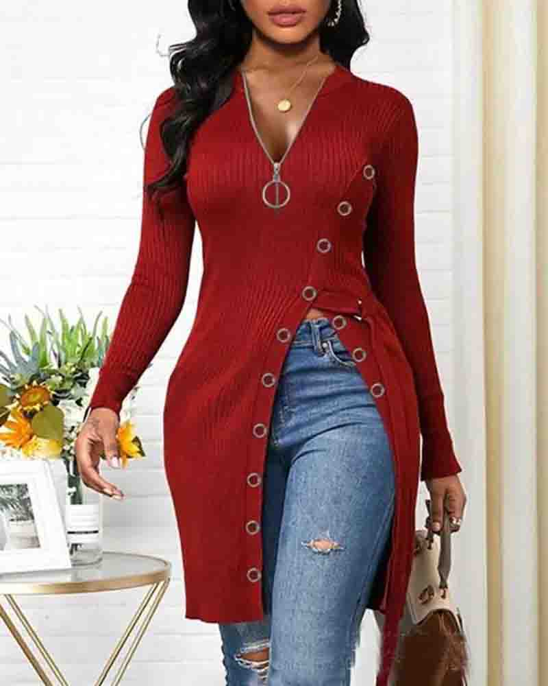 Solid Color V-Neck Long-Sleeved Split T-Shirt