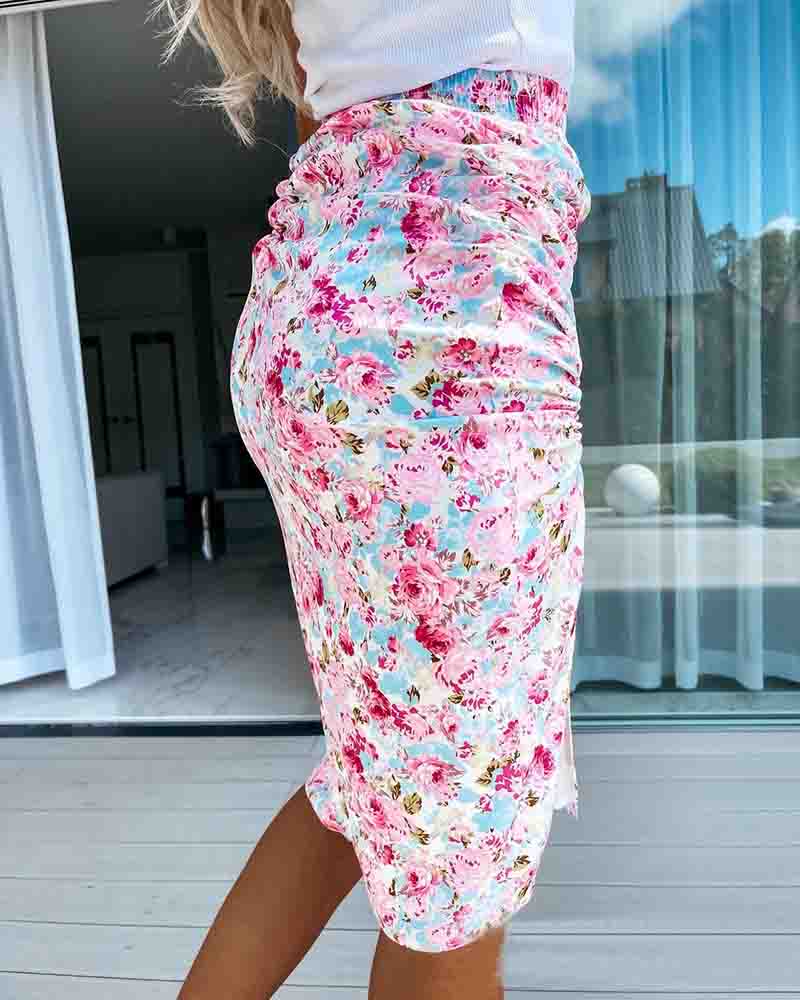 Casual Pink Floral Slit Skirt