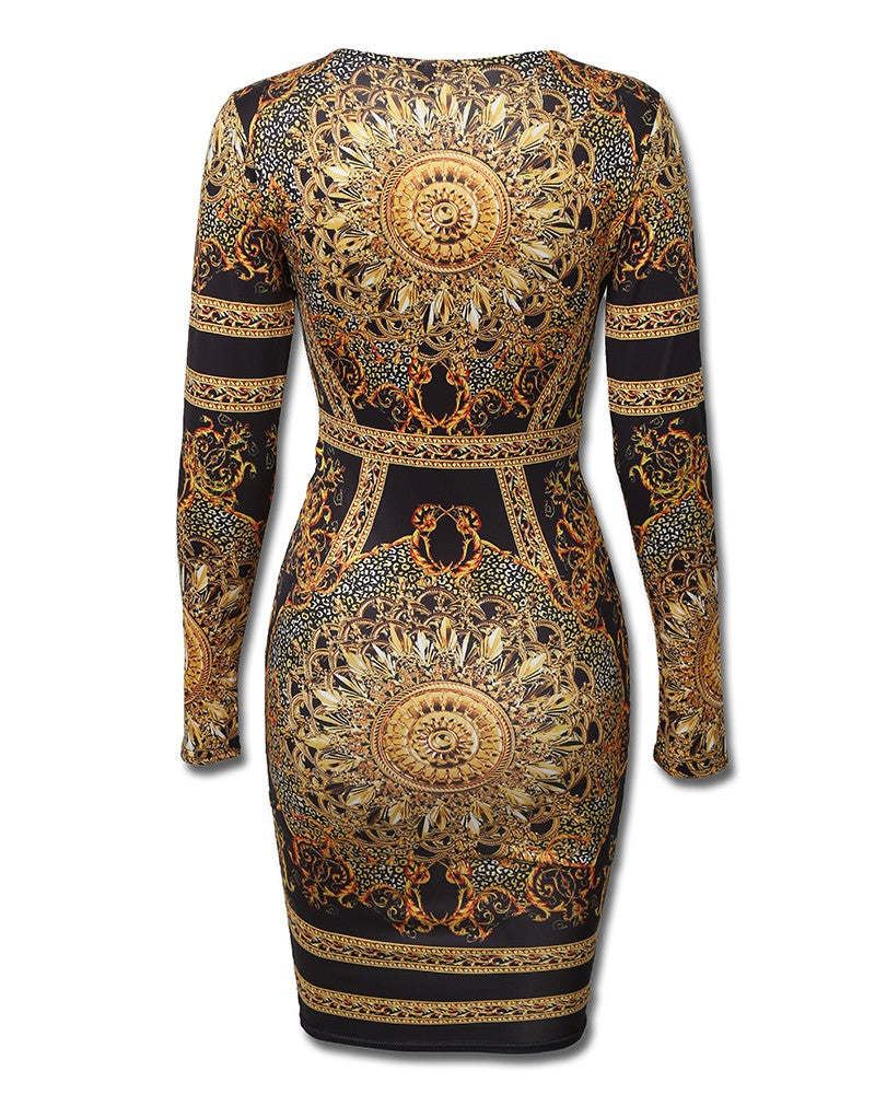 V-Neck Long Sleeve Printing Bag Hip Dress