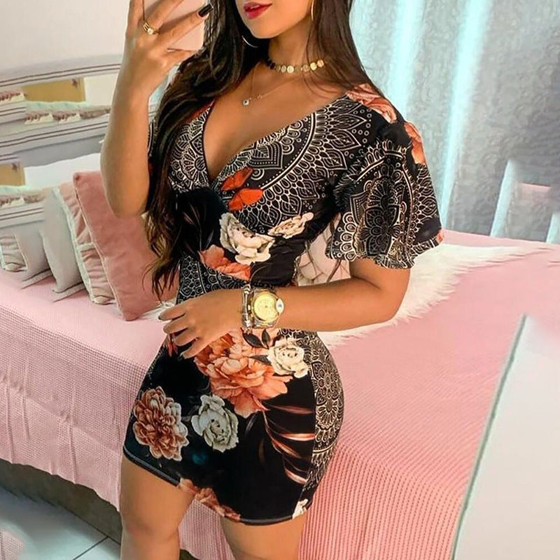Fashion Deep V-Neck Print Bag Hip Dress