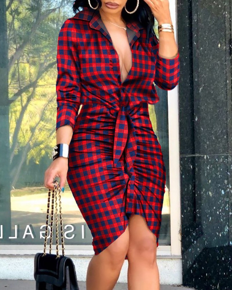 Irregular V-neck Printed Long Sleeve Dress