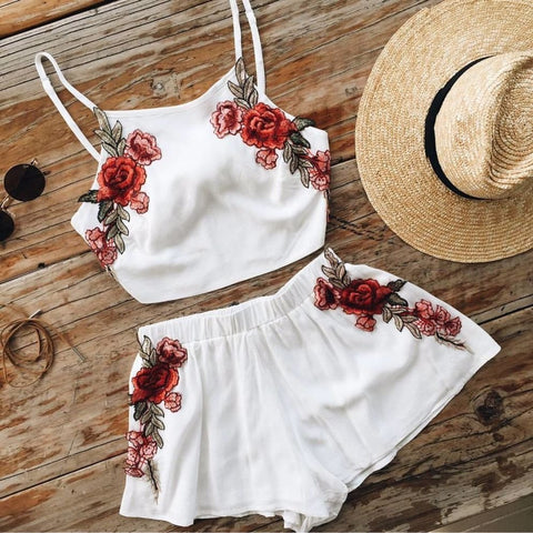 Boho Long Sleeve Strappy Shirt Top Tee Shorts Set Two-Piece