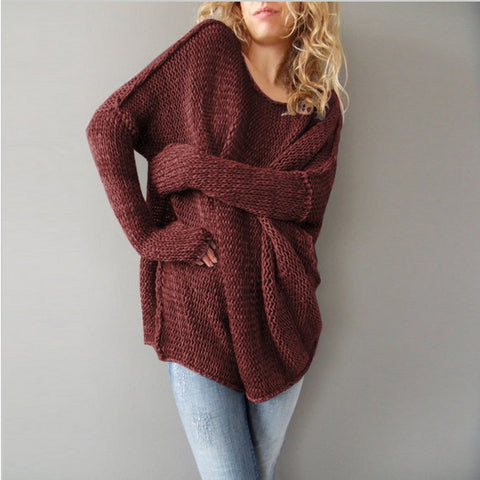 Wine Red Round Neck Cable Knit Sweater