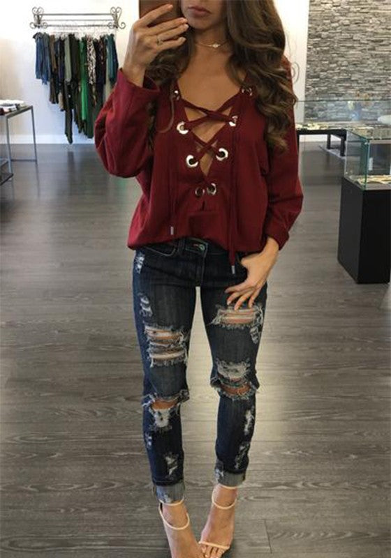 Solid Color V-Neck Long-Sleeved T-Shirt