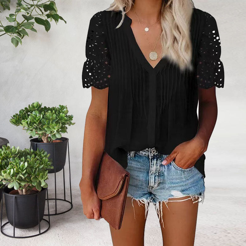 Solid Color V-Neck Lace Short-Sleeved Shirt Top