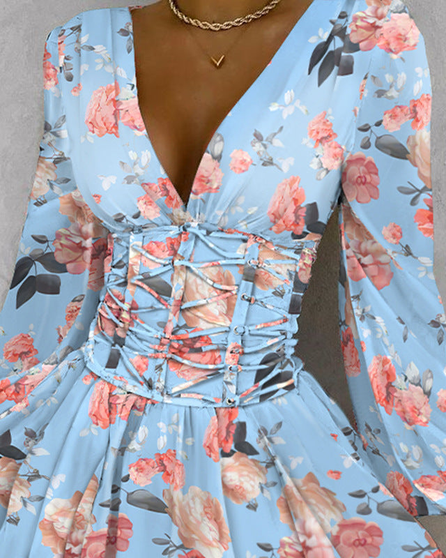 Casual Printed V-Neck Long Sleeve Dress