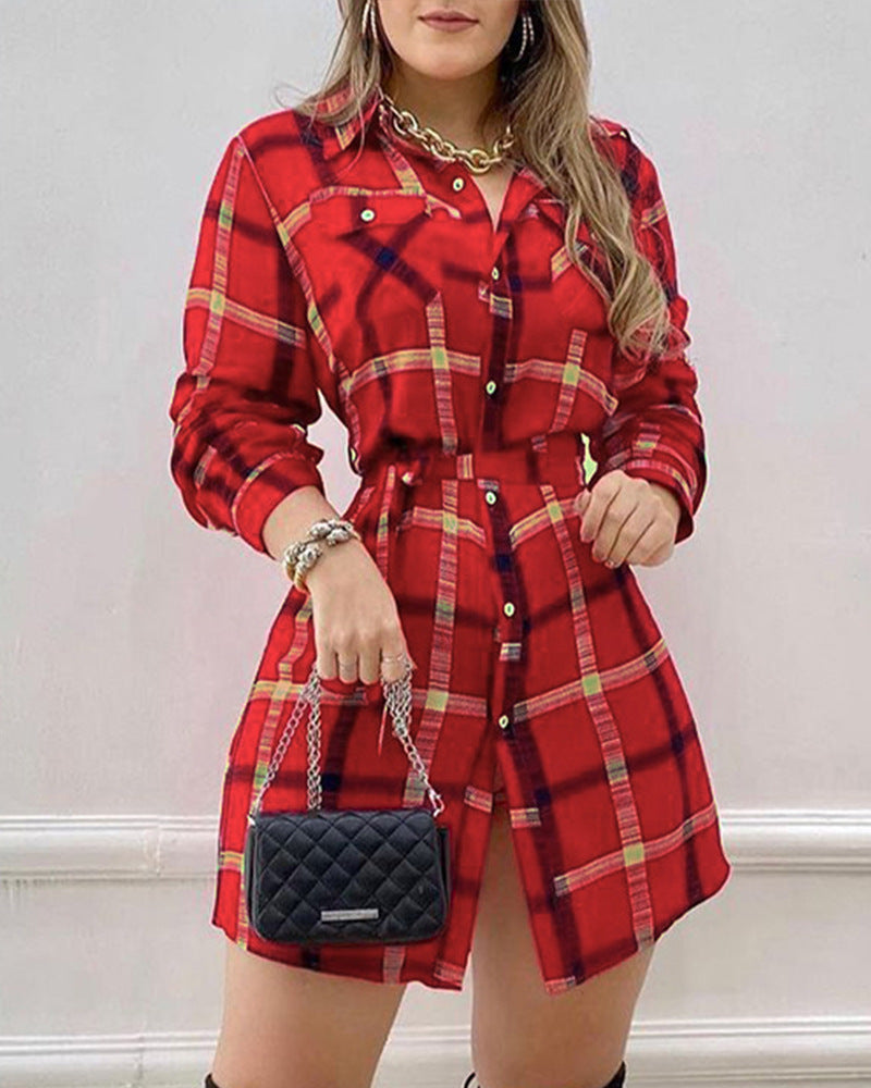 Casual Red Check Long Sleeve Dress