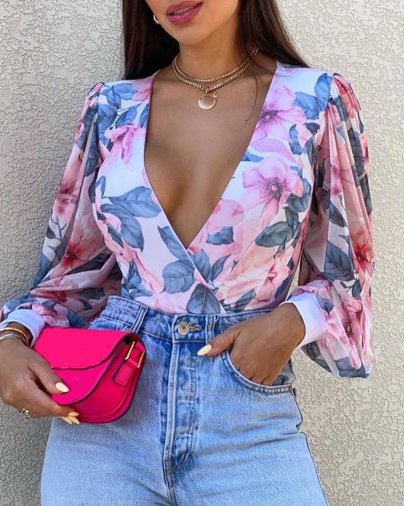 V-Neck Casual Floral Print Top