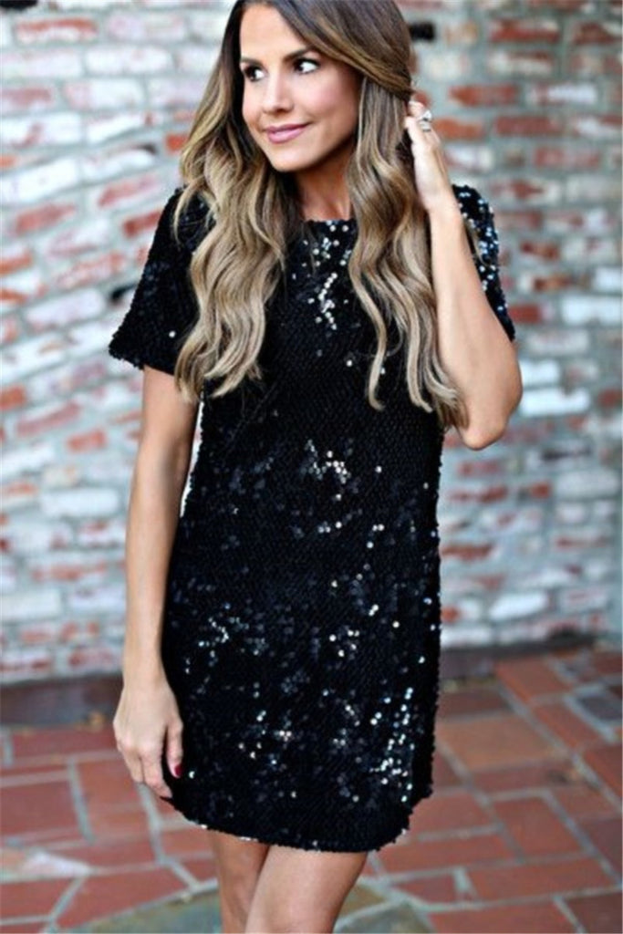 Round Neck Sequins Short Sleeve Dress