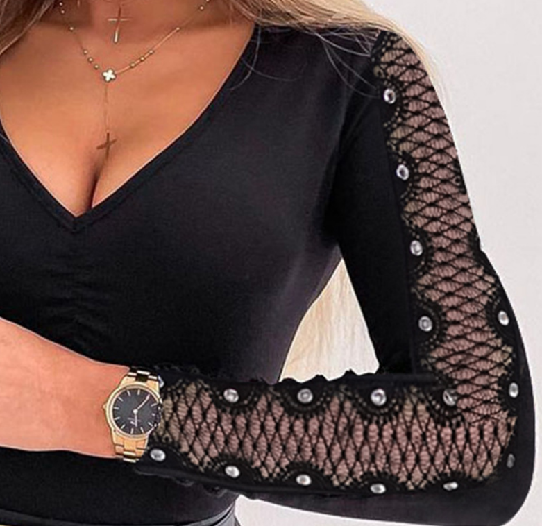 V-Neck Women'S Long Sleeve Splicing Black Top