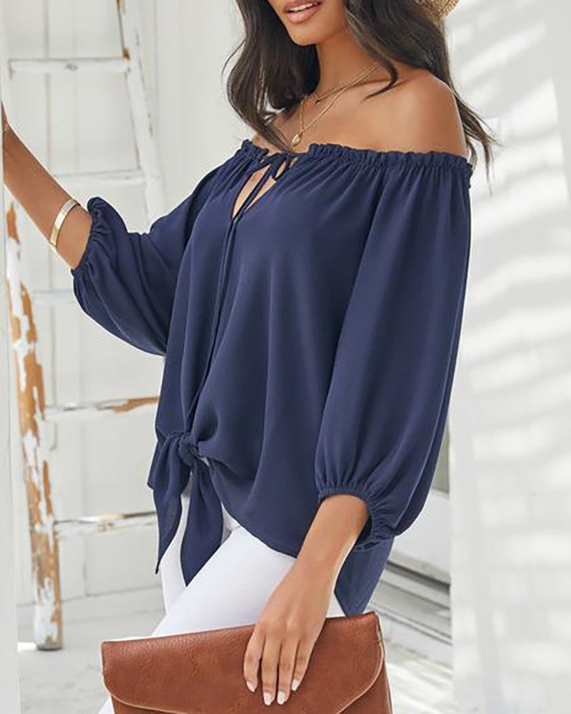 Sexy V-Neck Casual Long-Sleeved Solid Color Top